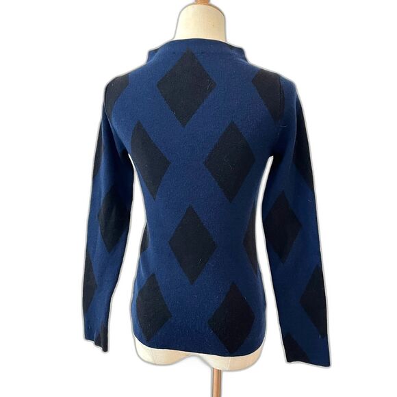 Ann Taylor Blue Black Argyle Sweater Mock Neck Diamonds XXSP Wool Blend - Picture 2 of 6